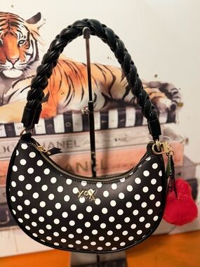Betsey Johnson Black and White Polka Dot Shoulder Bag with Red Pom NWT